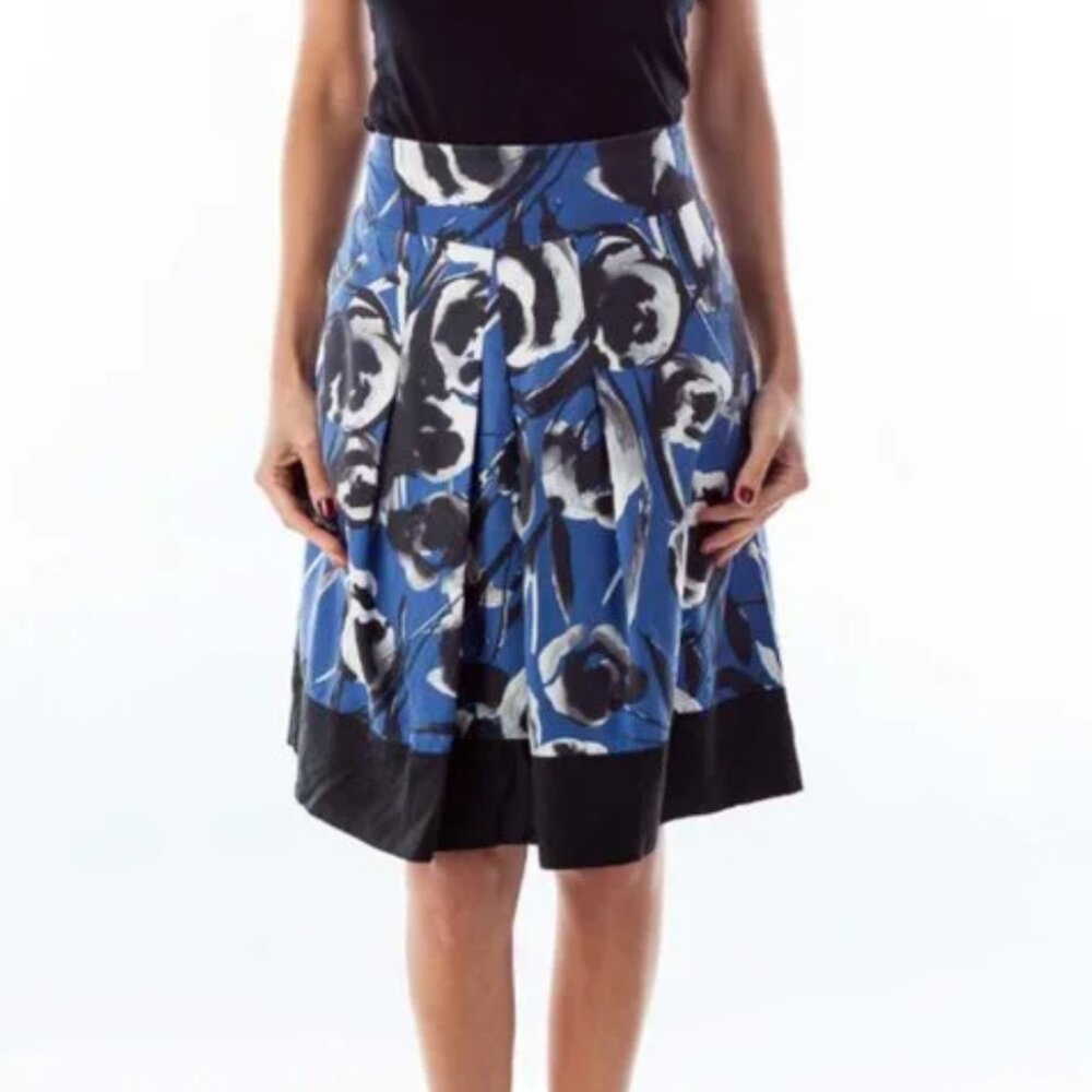 Ann Taylor Skirt Womens Sz 2 Blue/Black Floral Silk‎ Wool Pleated A-Line Pockets